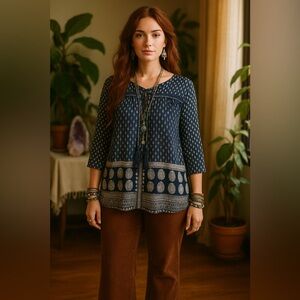 Lucky Brand Womens Boho Peasant Top Sz Large Navy Blue Floral Tassel Tie Shirt